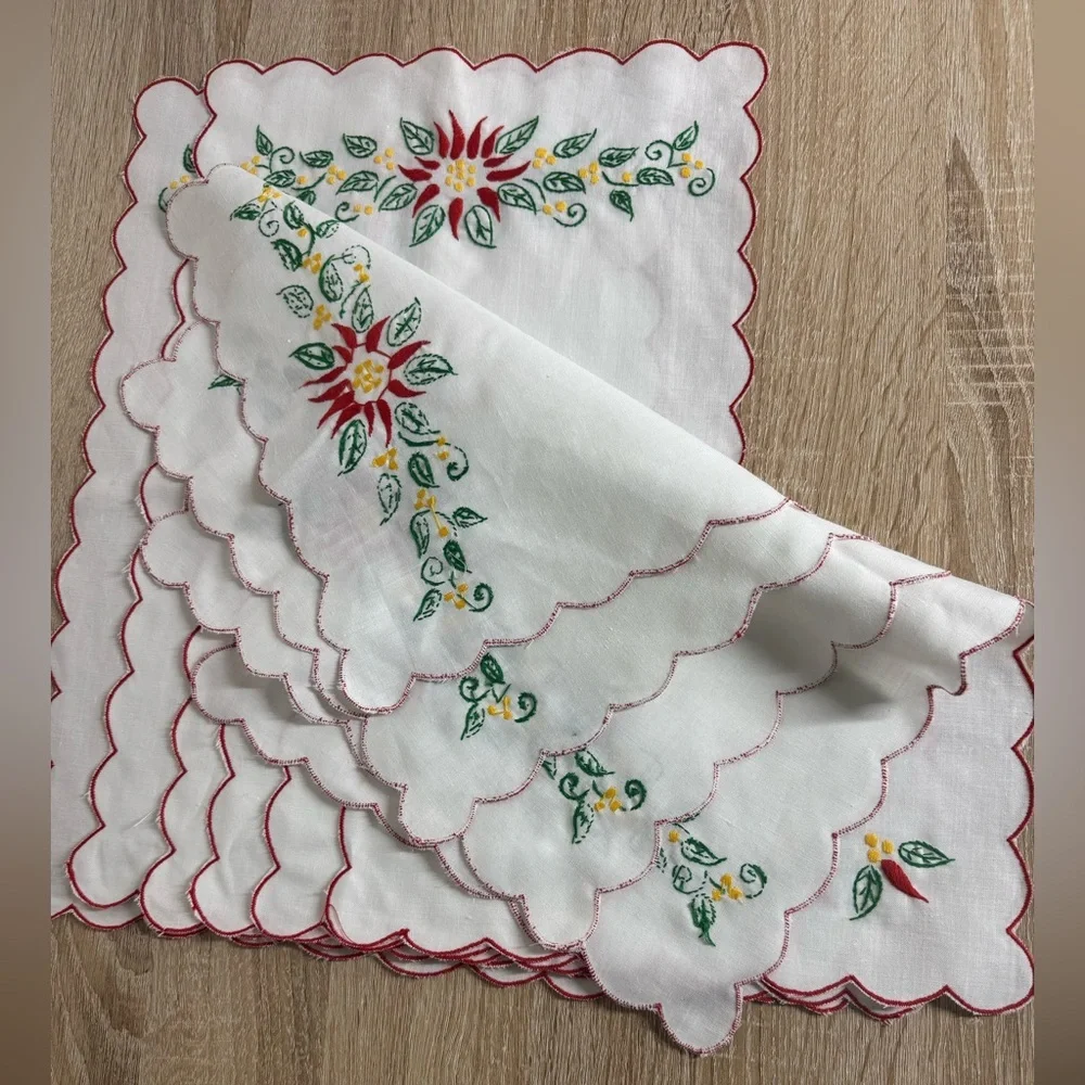 Vintage Lot Of 6 Embroidered Floral Handkerchief Napkin Red Scalloped Trim White